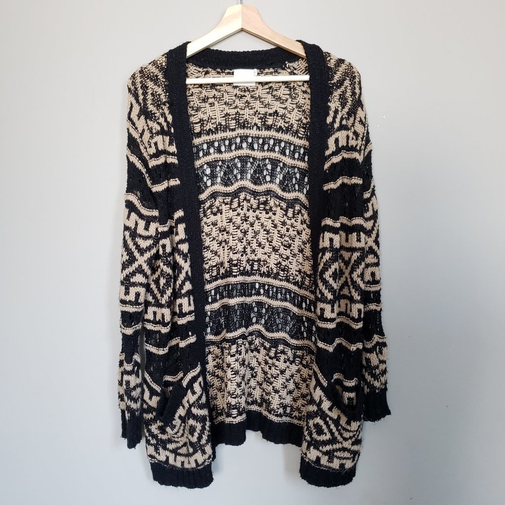 Lush Cardigan Tribal Print Black & Beige Medium